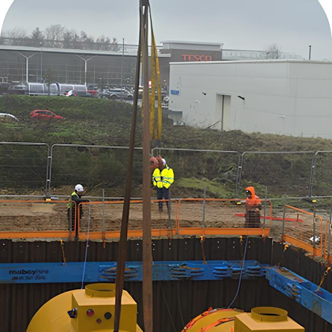 Fuel storage tank being lowered into position at Wefco
